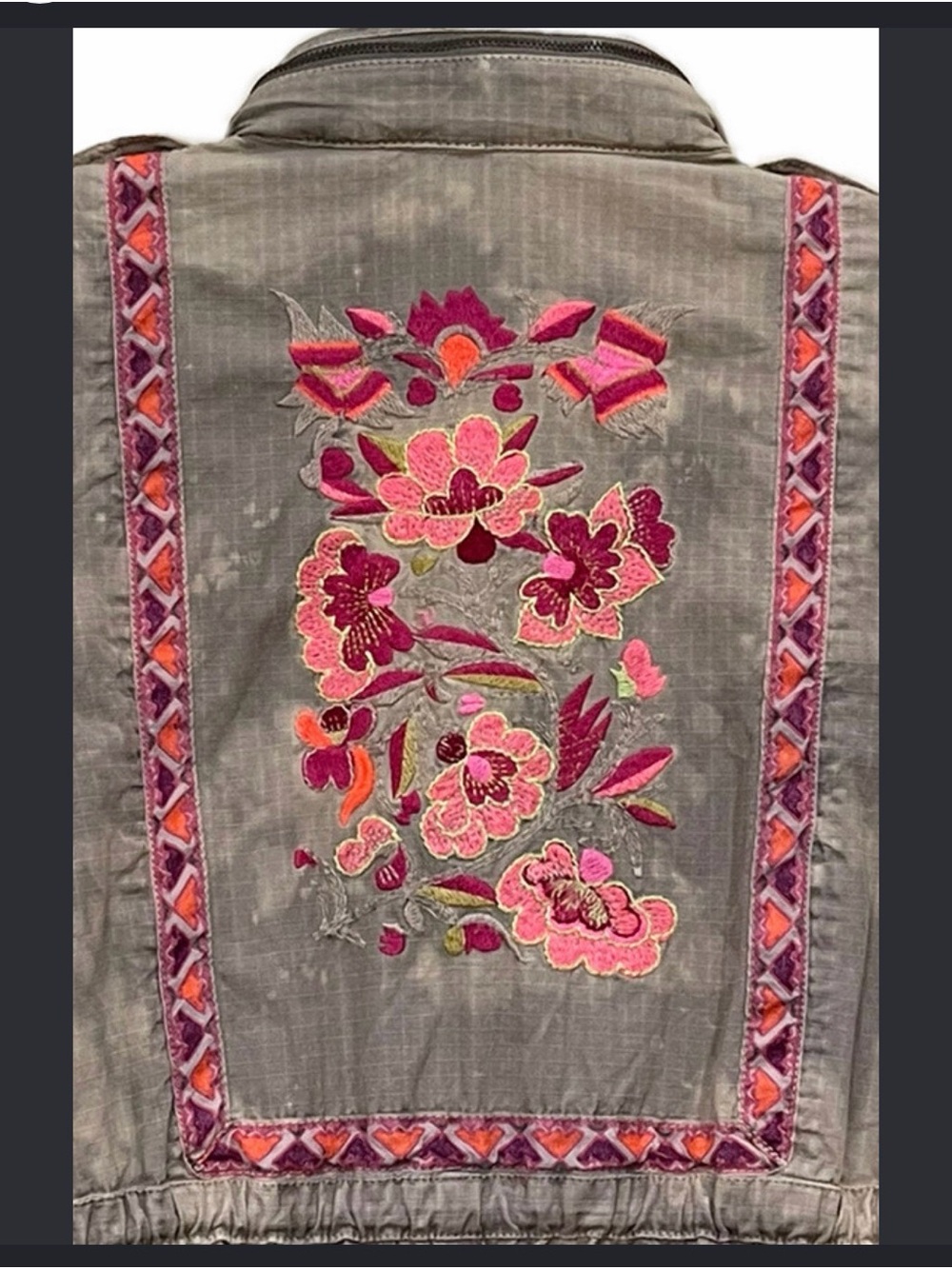 Embroidered Floral Jacket in Gray with Pink Accents
